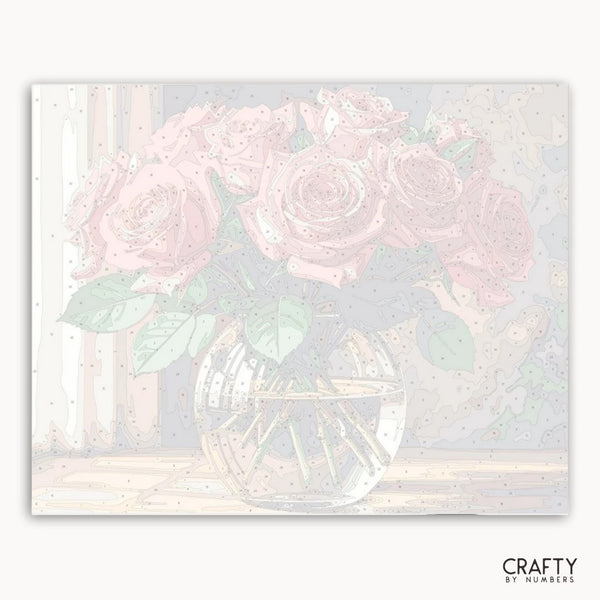 Pastel floral design with roses in a vase on a light background, branded 'Crafty by Numbers'.