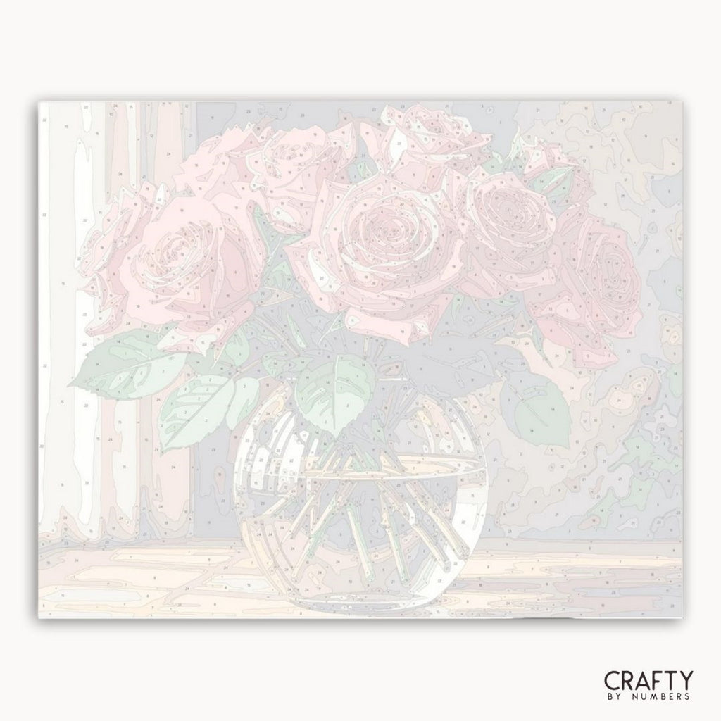Pastel floral design with roses in a vase on a light background, branded 'Crafty by Numbers'.