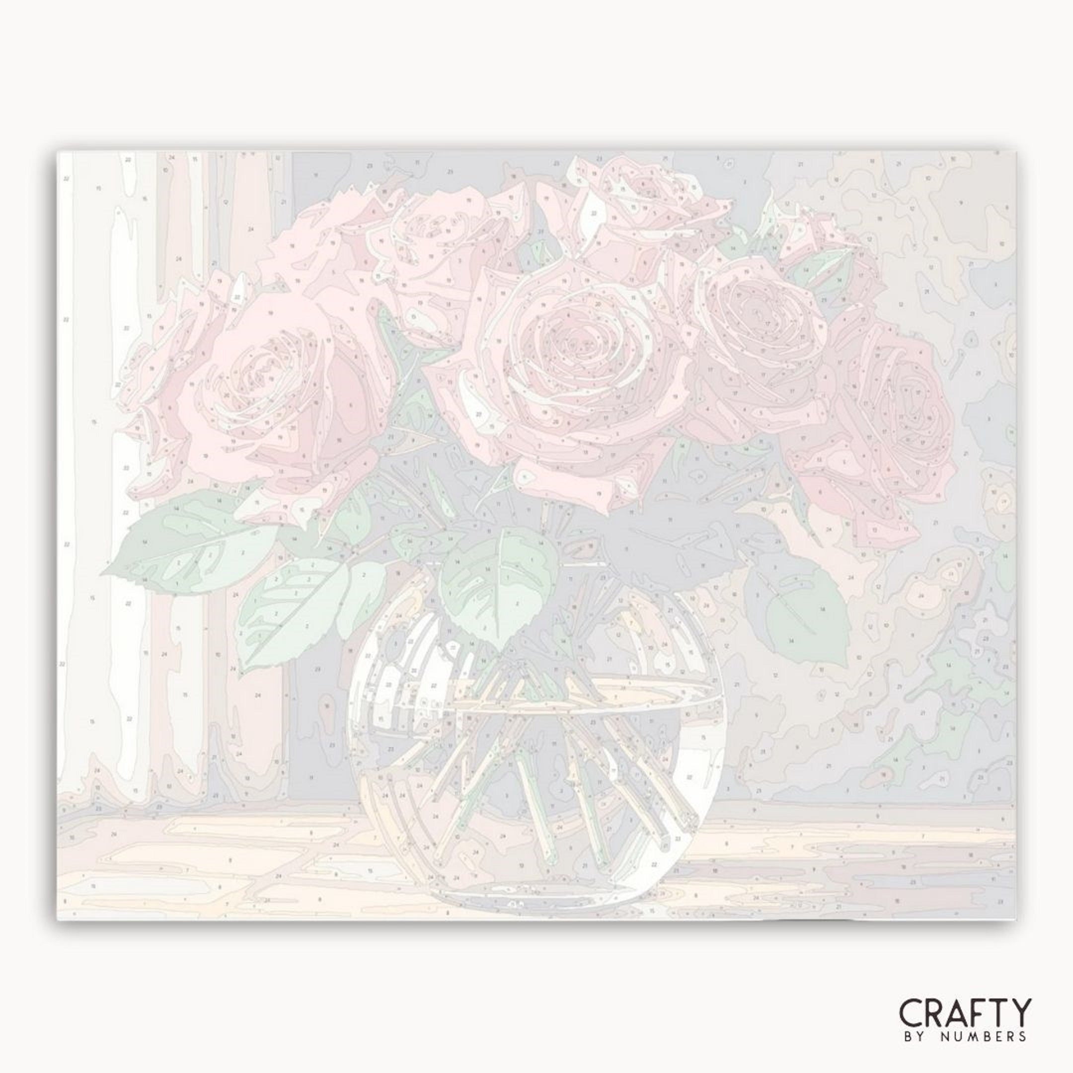 Pastel floral design with roses in a vase on a light background, branded 'Crafty by Numbers'.