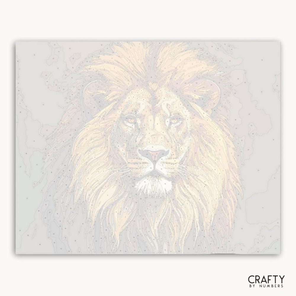 Stylized lion illustration on a textured background with 'Crafty by Numbers' branding.