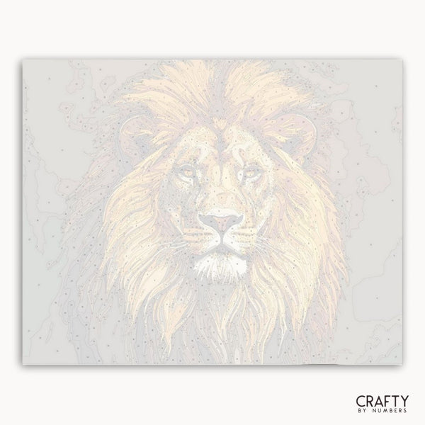 Stylized lion illustration on a textured background with 'Crafty by Numbers' branding.