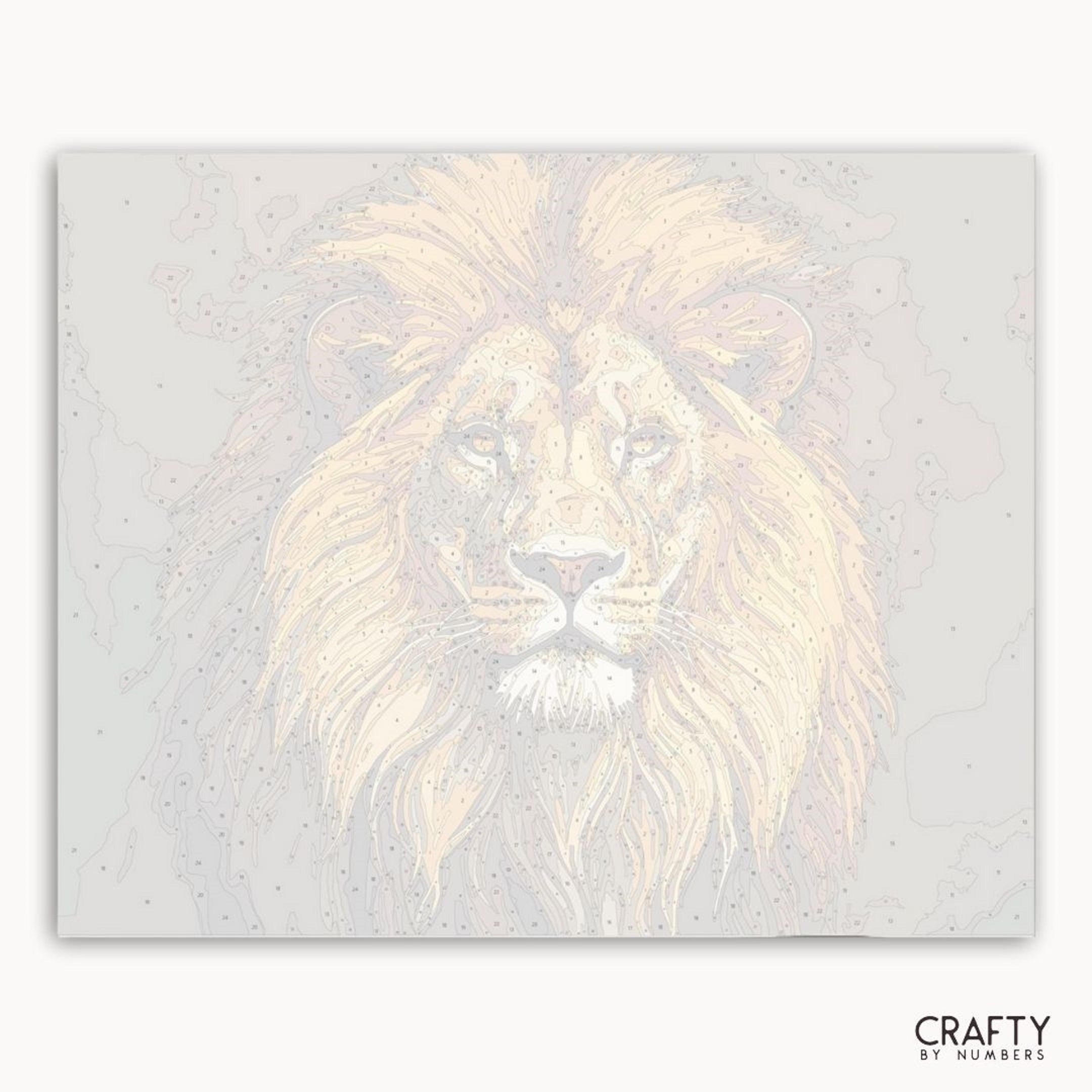 Stylized lion illustration on a textured background with 'Crafty by Numbers' branding.