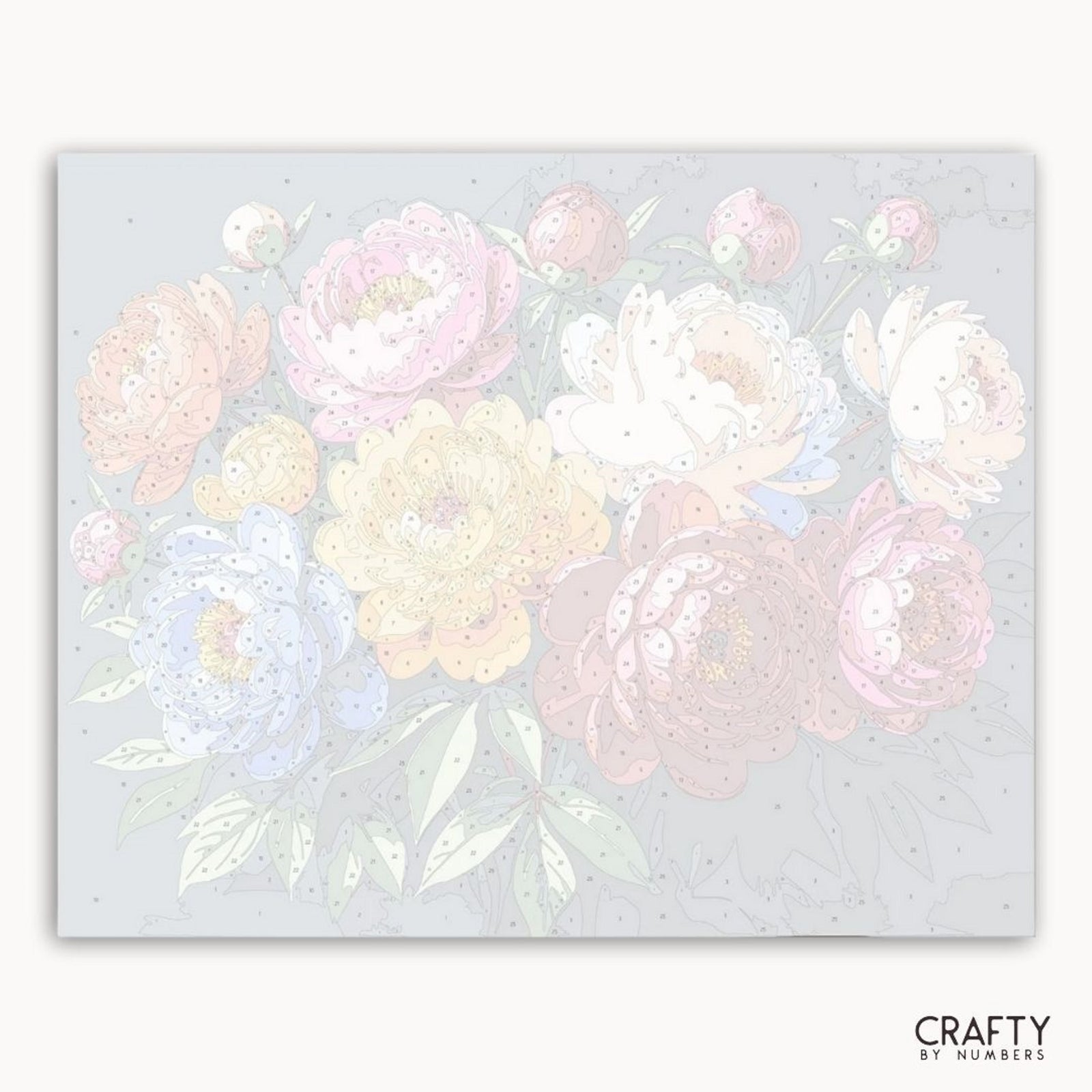 Blumenmuster auf hellblauem Hintergrund mit „Crafty by Numbers“-Branding.