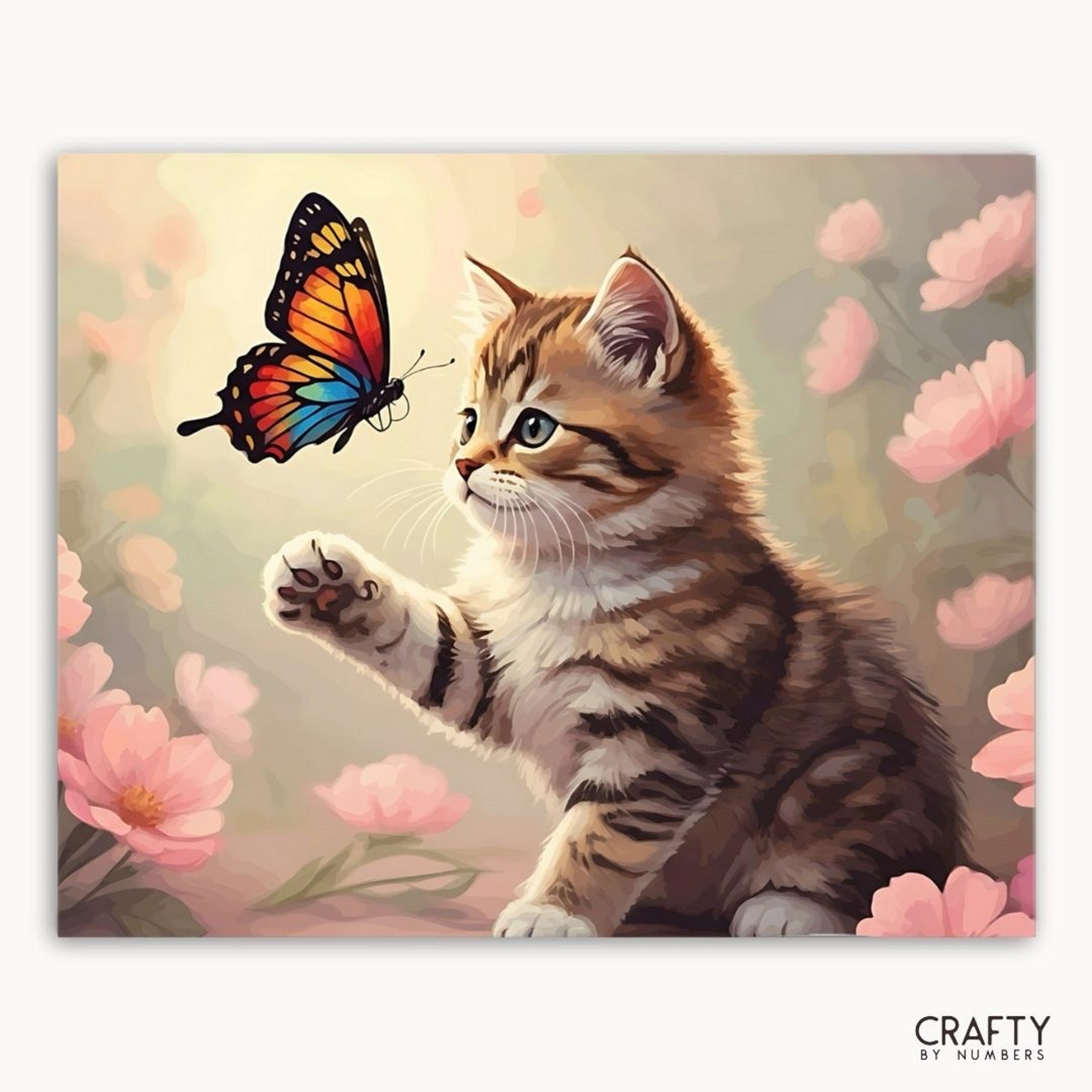 Painting of a kitten reaching out to a butterfly among flowers