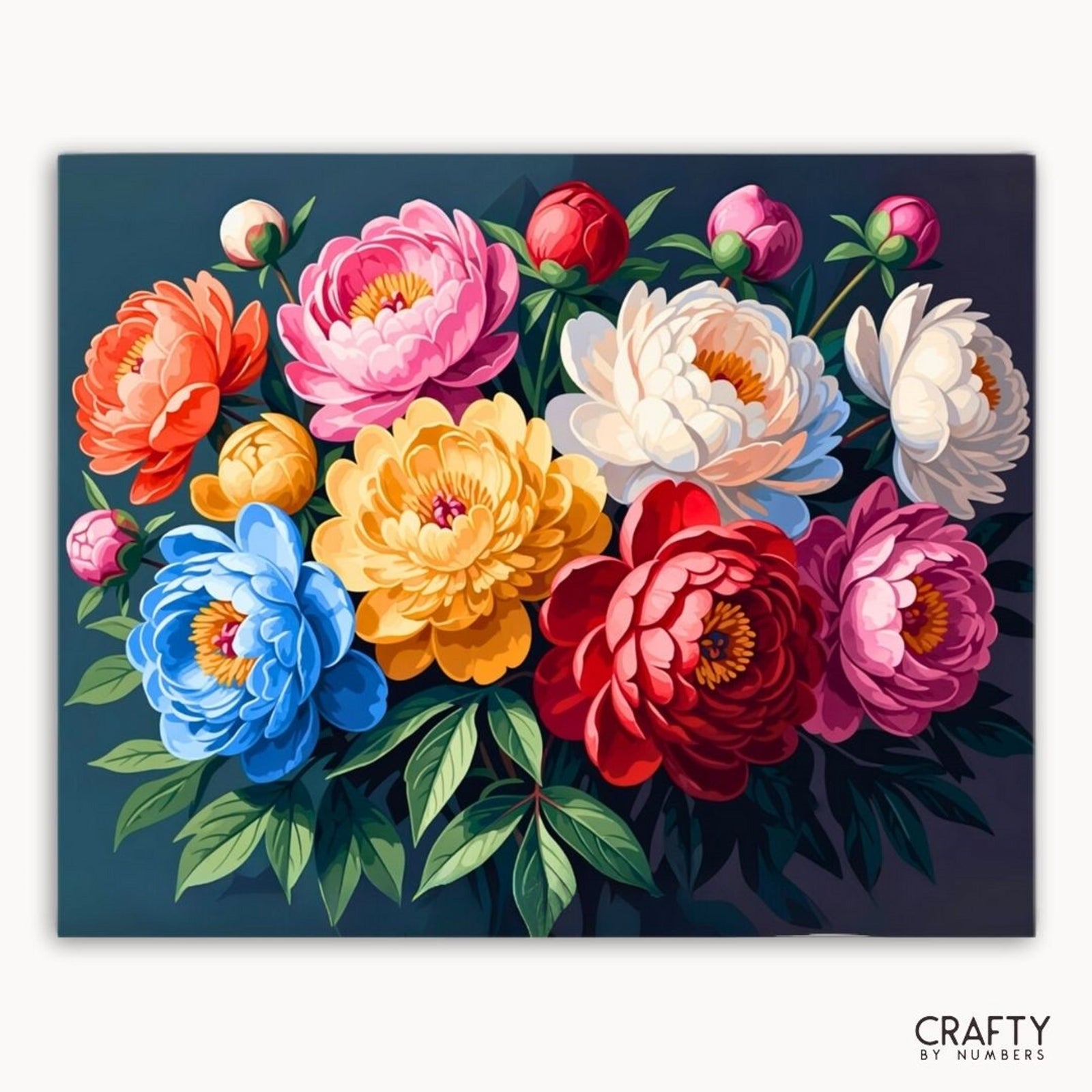 Buntes Blumenarrangement auf dunklem Hintergrund mit „Crafty by Numbers“-Branding.