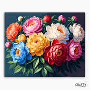 Colorful floral arrangement on a dark background with 'Crafty by Numbers' branding.