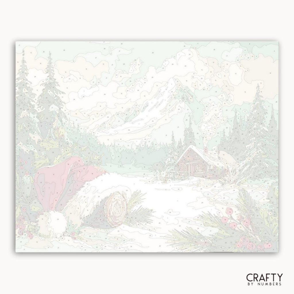 Numbered canvas preview for Cabin of Christmas Eve, showing the outlined painting sections.