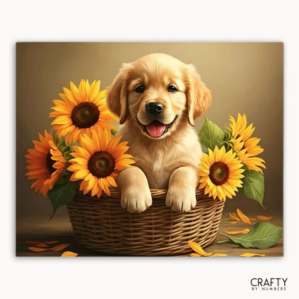 Puppy in a basket with sunflowers on a brown background