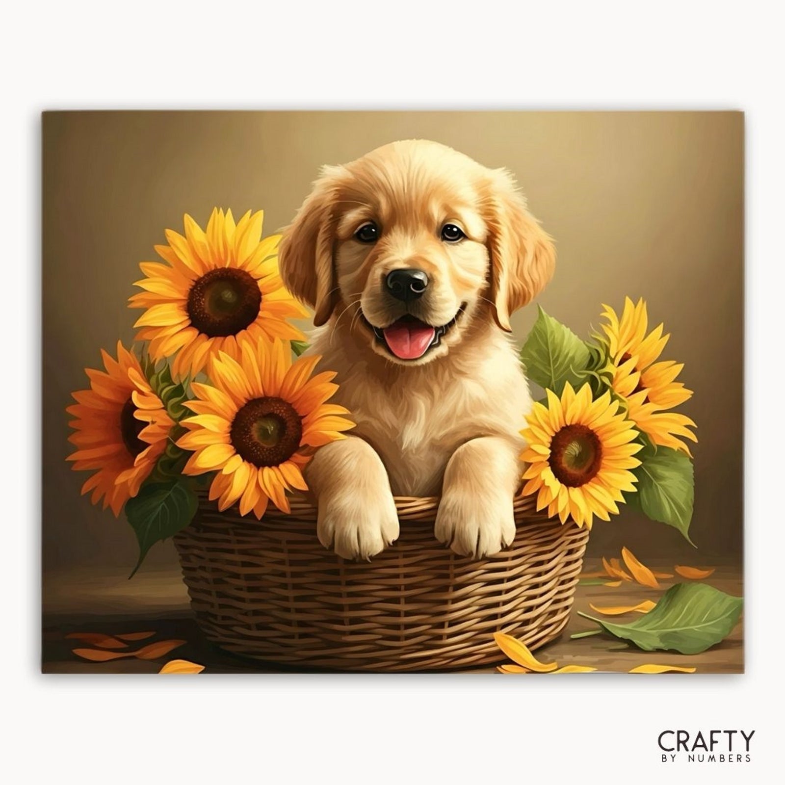 Cachorro en una canasta con girasoles sobre un fondo marrón