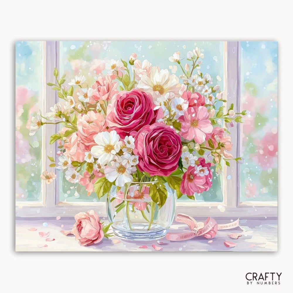 Floral arrangement in a vase with a pastel window background, featuring pink and white flowers.