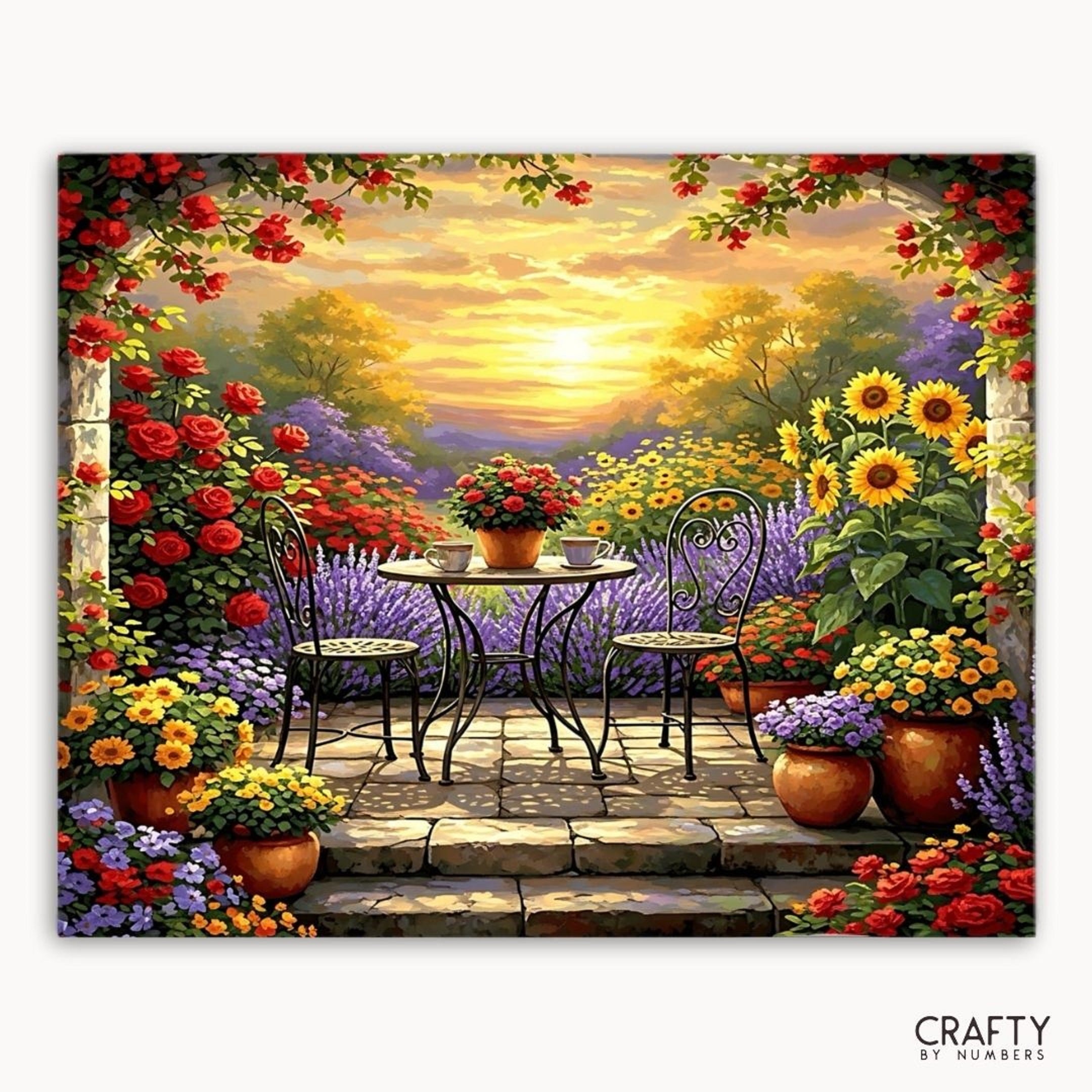 Painting of a garden scene with flowers and a table, featuring the brand 'Crafty by Numbers'.