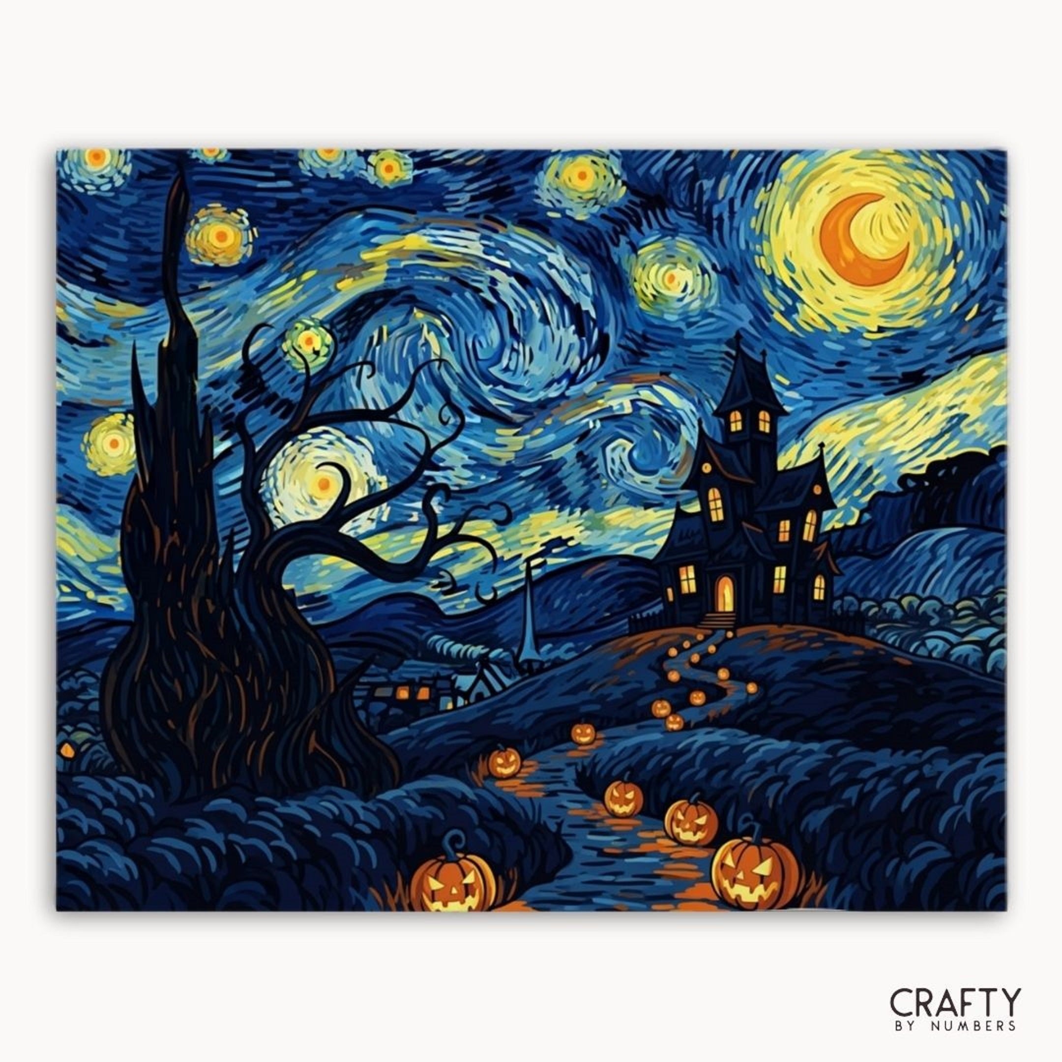 Halloween-themed artwork inspired by 'Starry Night' with pumpkins, a haunted house, and a tree.