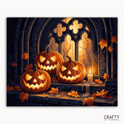 Three glowing jack-o'-lanterns in front of a gothic window with a candle, surrounded by autumn leaves.