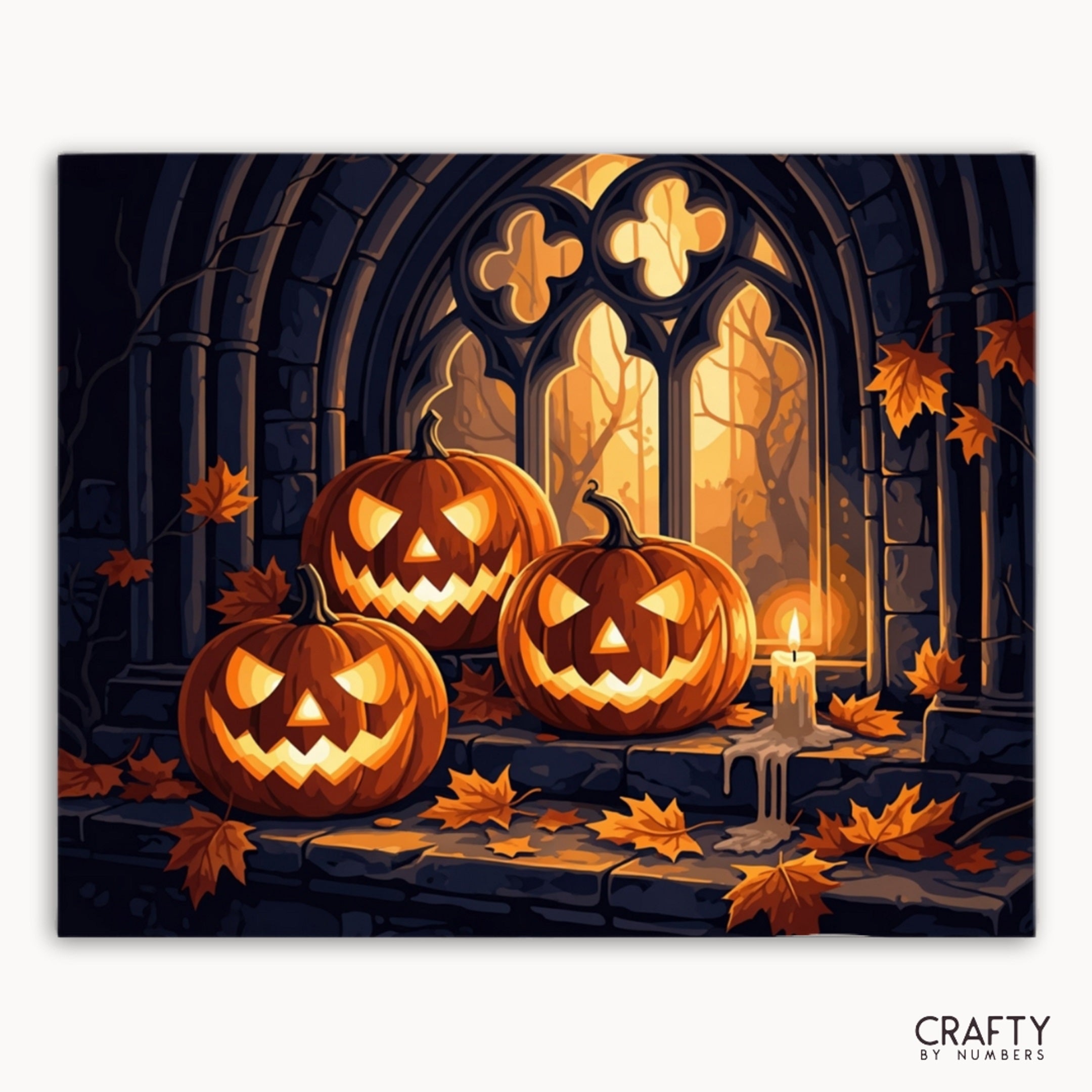 Three glowing jack-o'-lanterns in front of a gothic window with a candle, surrounded by autumn leaves.