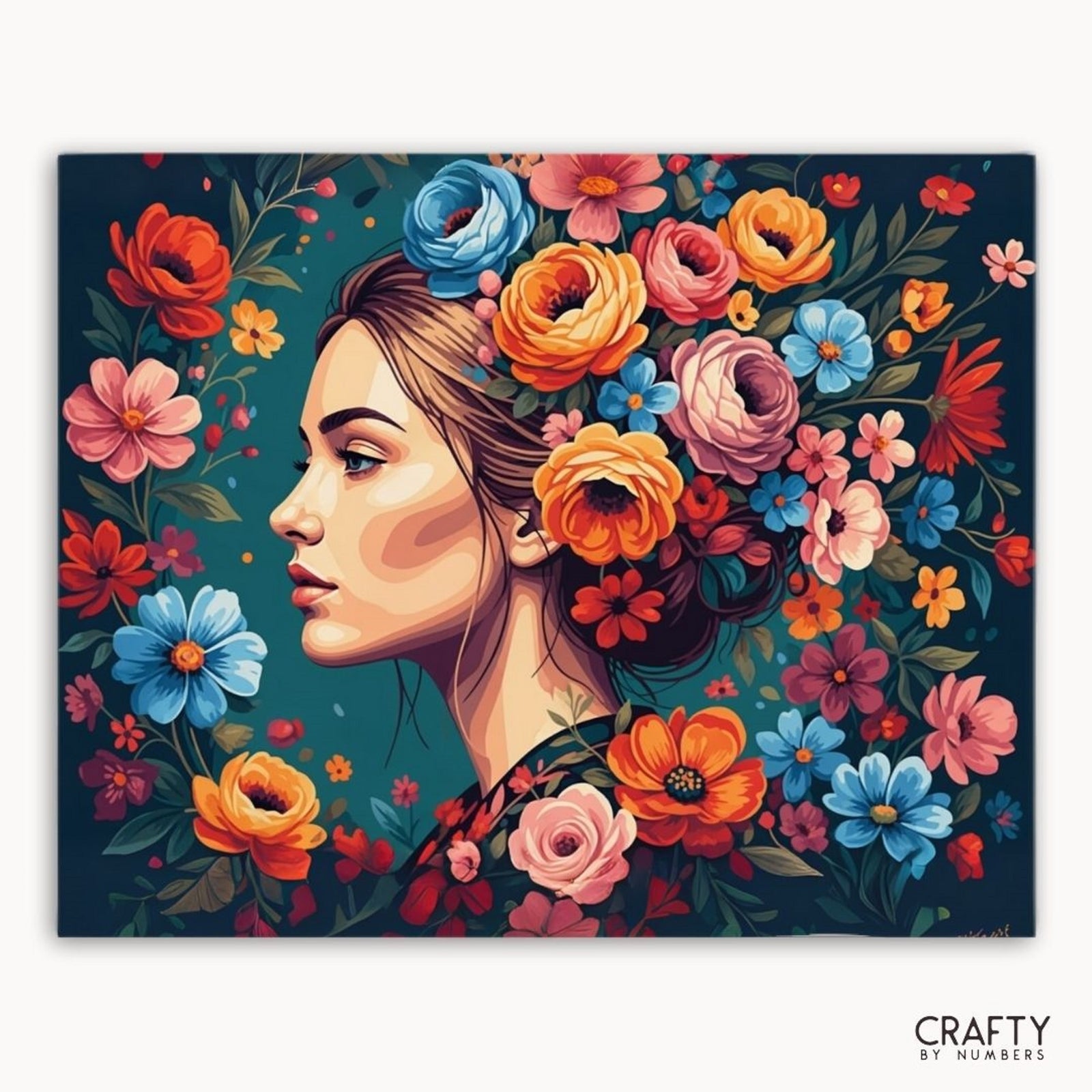 Künstlerische Darstellung eines Frauengesichts, umgeben von bunten Blumen auf dunkelblauem Hintergrund, mit „Crafty by Numbers“-Branding.