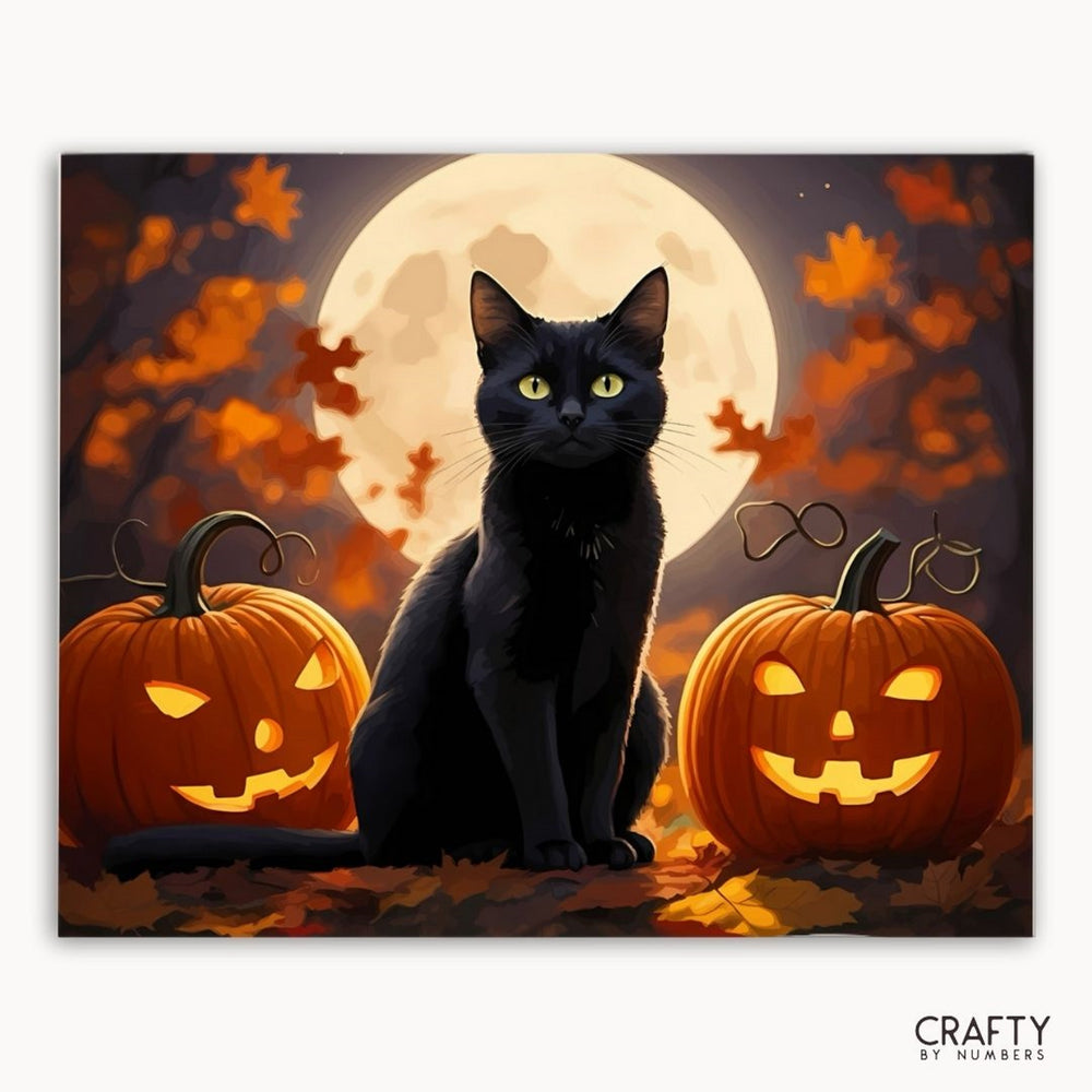 Black cat between two jack-o'-lanterns with a full moon in the background, featuring the brand 'Crafty by Numbers'.