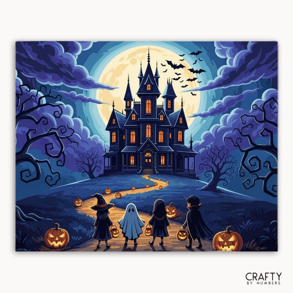 Halloween-themed illustration with a haunted castle, pumpkins, and children in costumes.