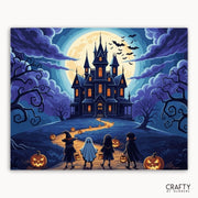 Halloween-themed illustration with a haunted castle, pumpkins, and children in costumes.