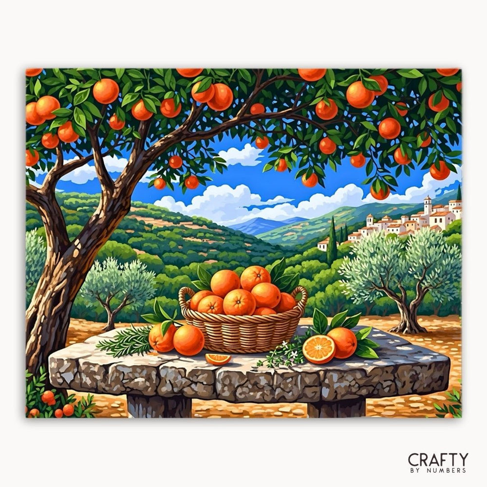 Painting of an orange tree with a basket of oranges and a scenic landscape.