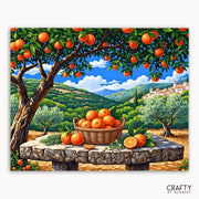 Painting of an orange tree with a basket of oranges and a scenic landscape.