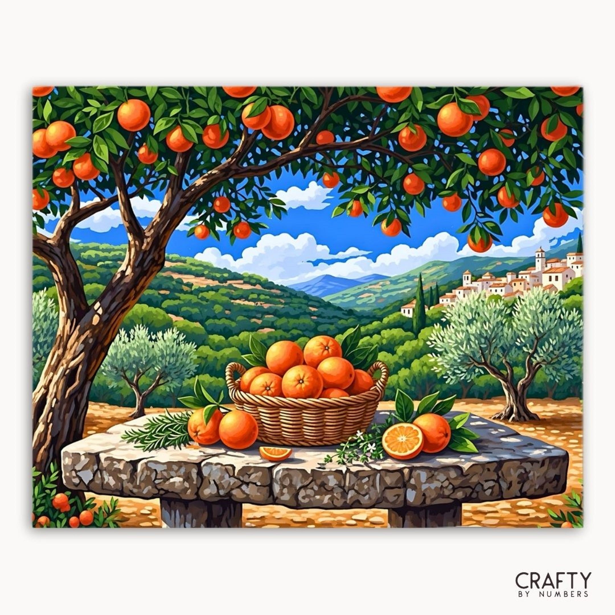 Painting of an orange tree with a basket of oranges and a scenic landscape.