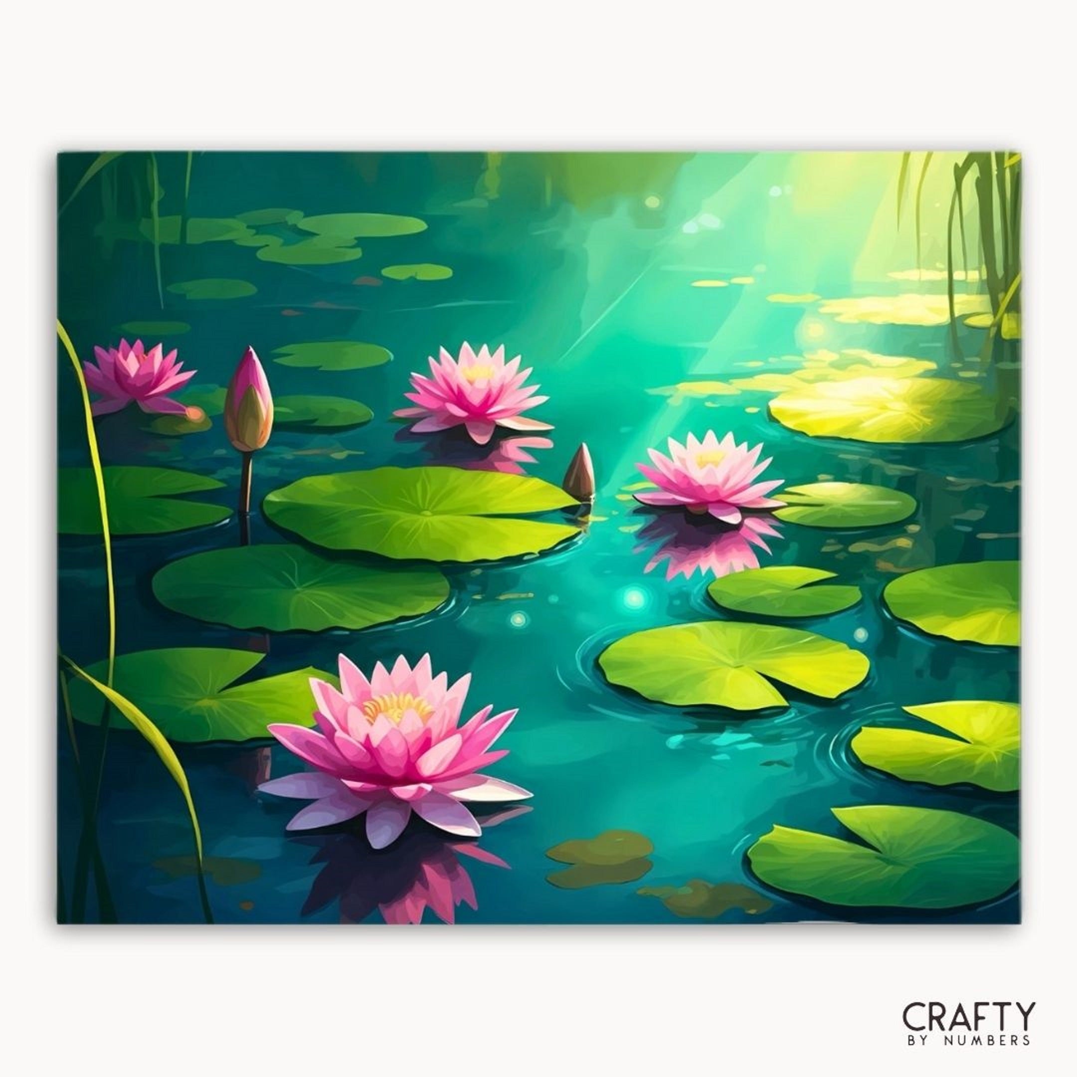 Painting of pink water lilies on a pond with green leaves, featuring the brand 'Crafty by Numbers'.
