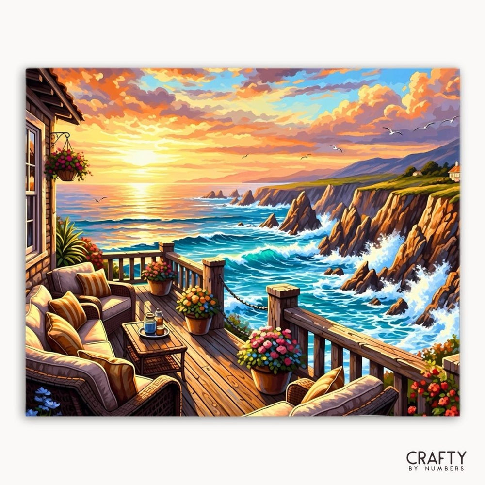 Coastal scene with a deck, ocean, and sunset, featuring the brand 'Crafty by Numbers'.