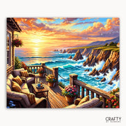 Coastal scene with a deck, ocean, and sunset, featuring the brand 'Crafty by Numbers'.