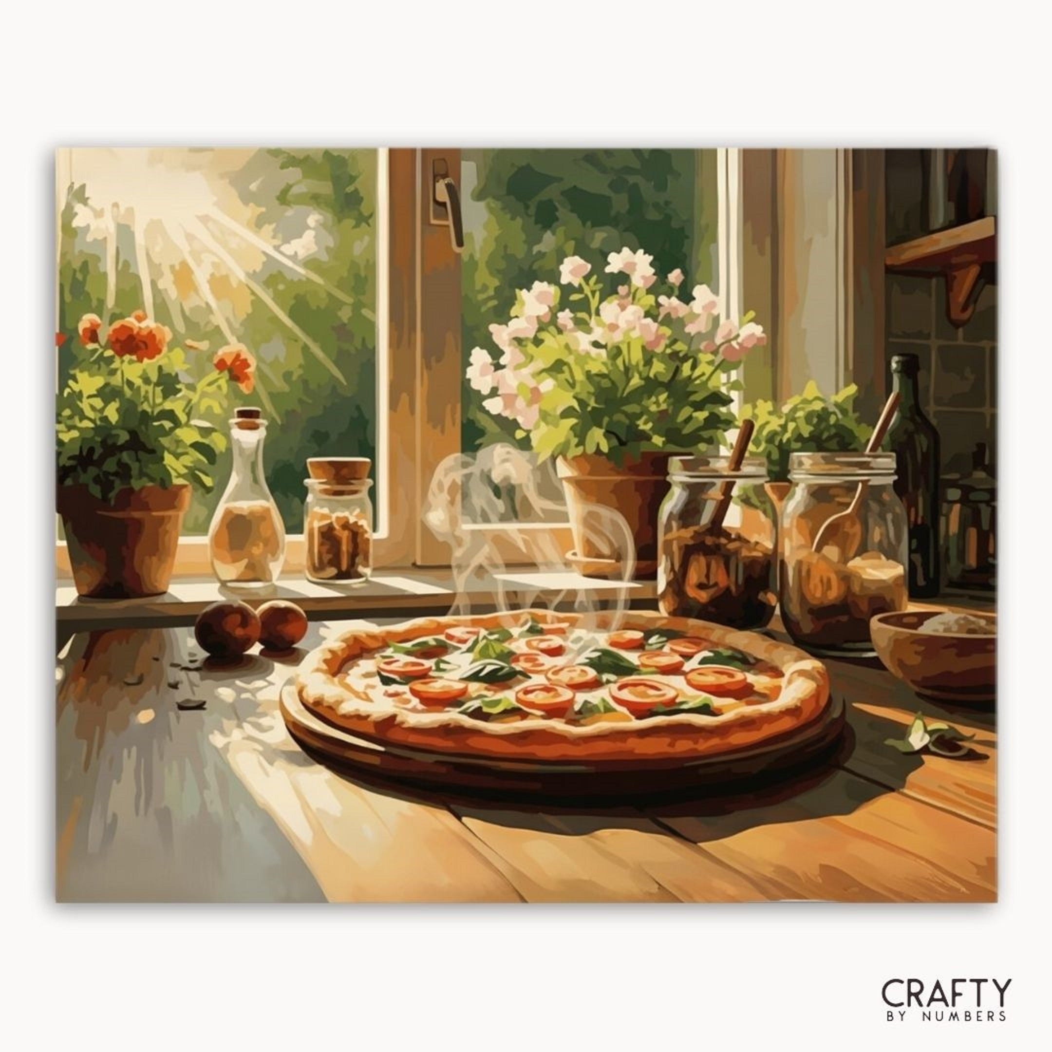 Pizza on a wooden table with a window and plants in the background, featuring the brand 'Crafty by Numbers'.