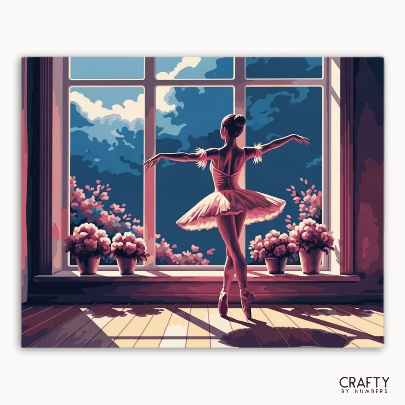 Ilustración de una bailarina con un tutú rosa parada frente a una ventana con flores.