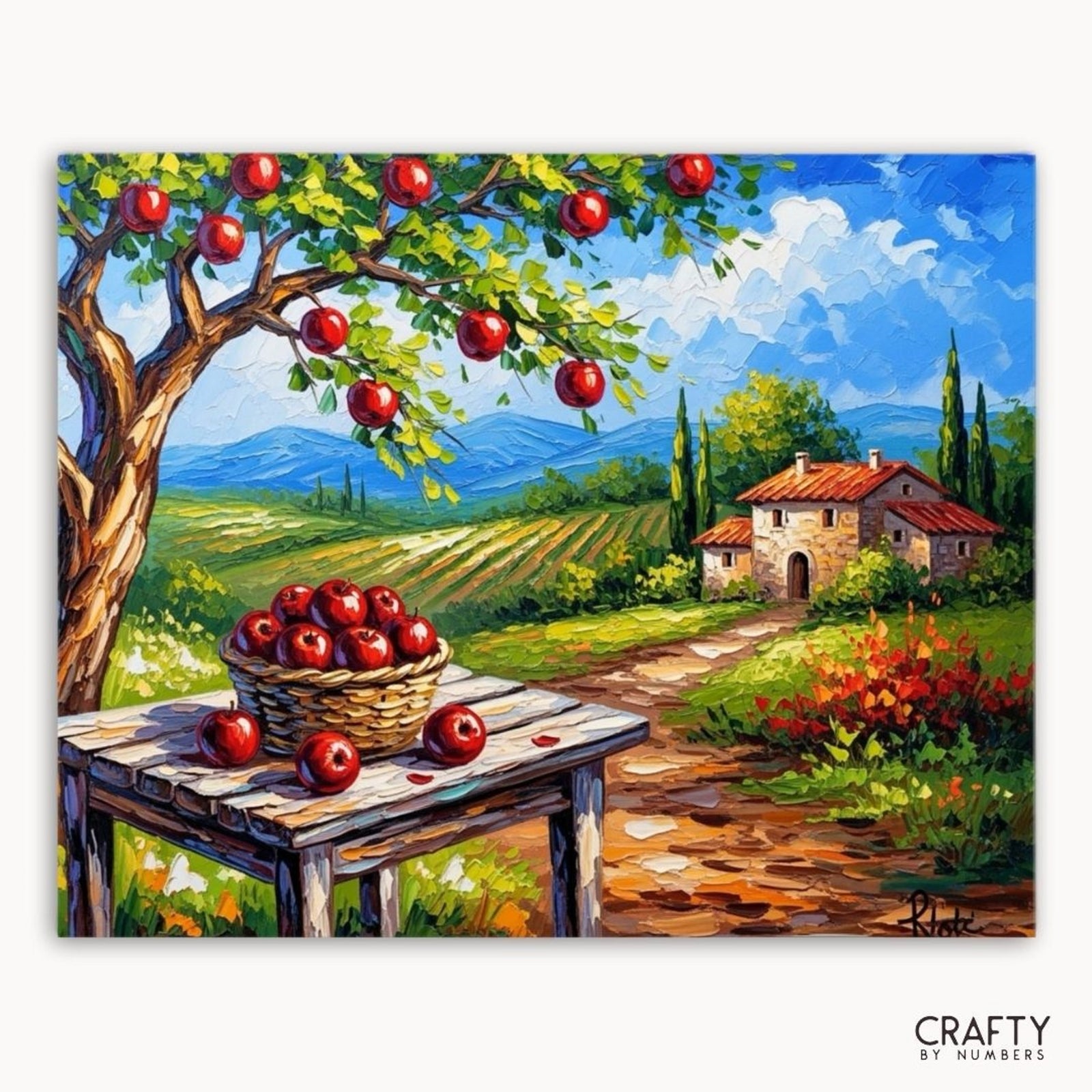 Peinture d’un pommier avec un panier de pommes dans un paysage pittoresque.