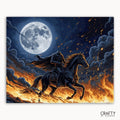 Man on horseback with a fiery background and moon above, 'Crafty by Numbers' brand visible