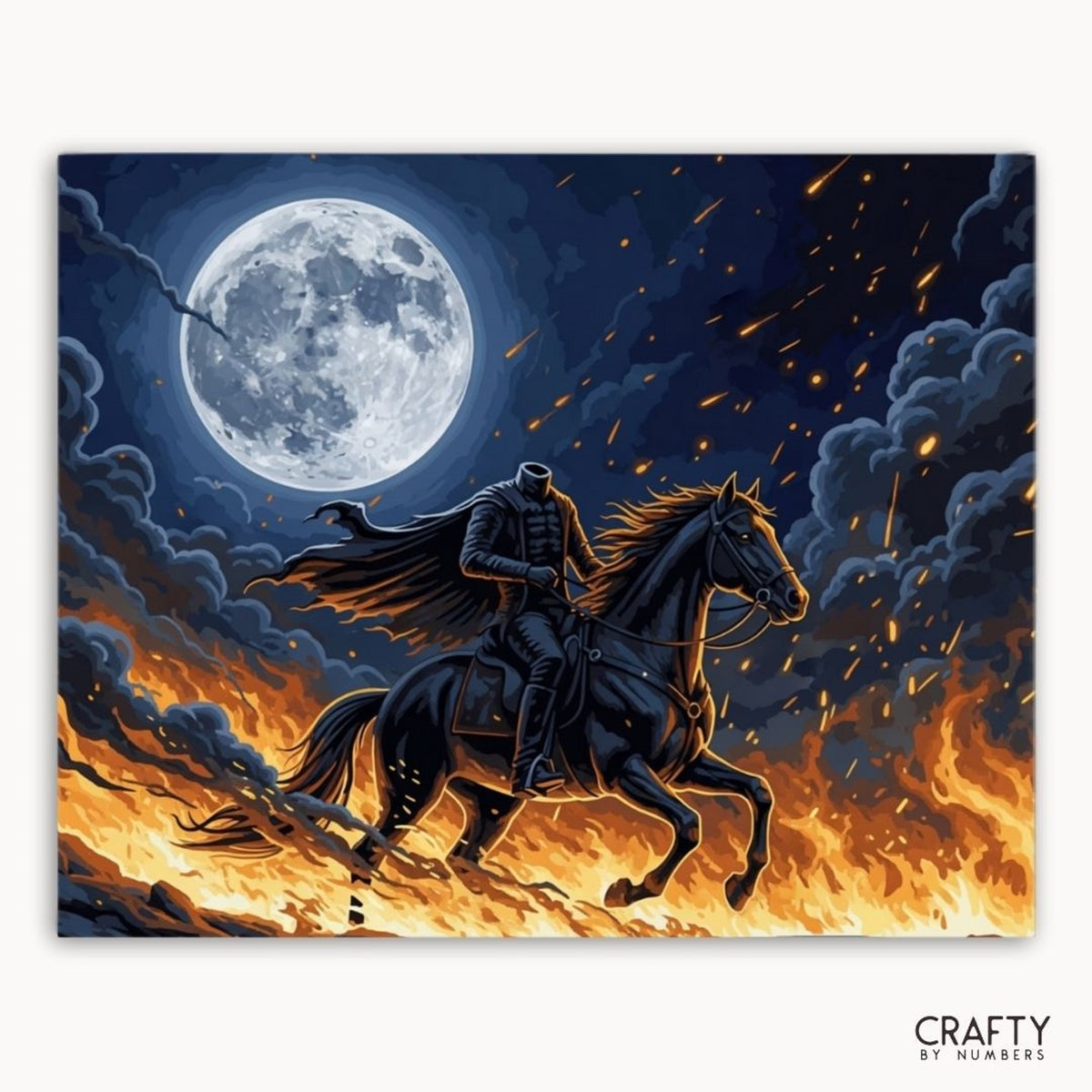 Homme à cheval avec un fond enflammé et une lune au-dessus, marque « Crafty by Numbers » visible