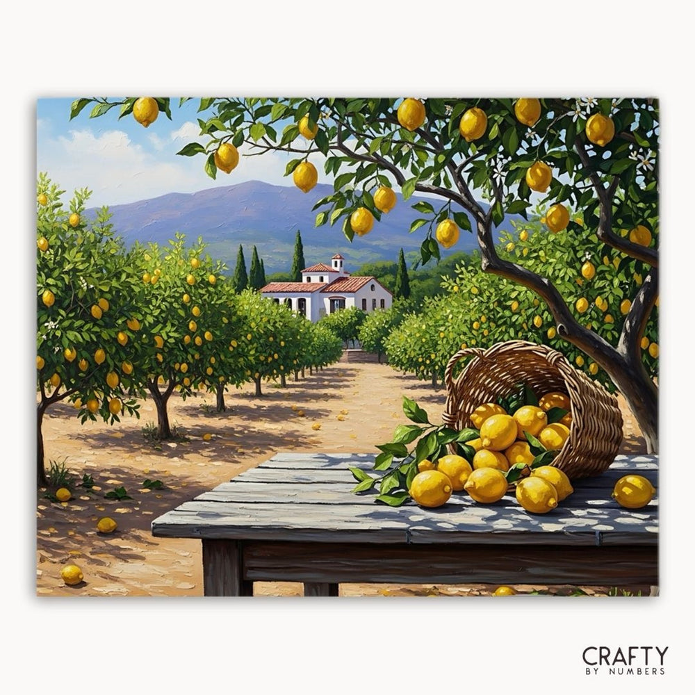 Painting of a lemon orchard with a table full of lemons and a basket overflowing with lemons.