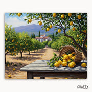 Painting of a lemon orchard with a table full of lemons and a basket overflowing with lemons.