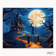 Halloween-themed illustration of a haunted house with pumpkins under a full moon.