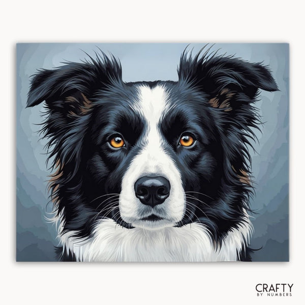 Illustration of a black and white dog with 'Crafty by Numbers' branding.