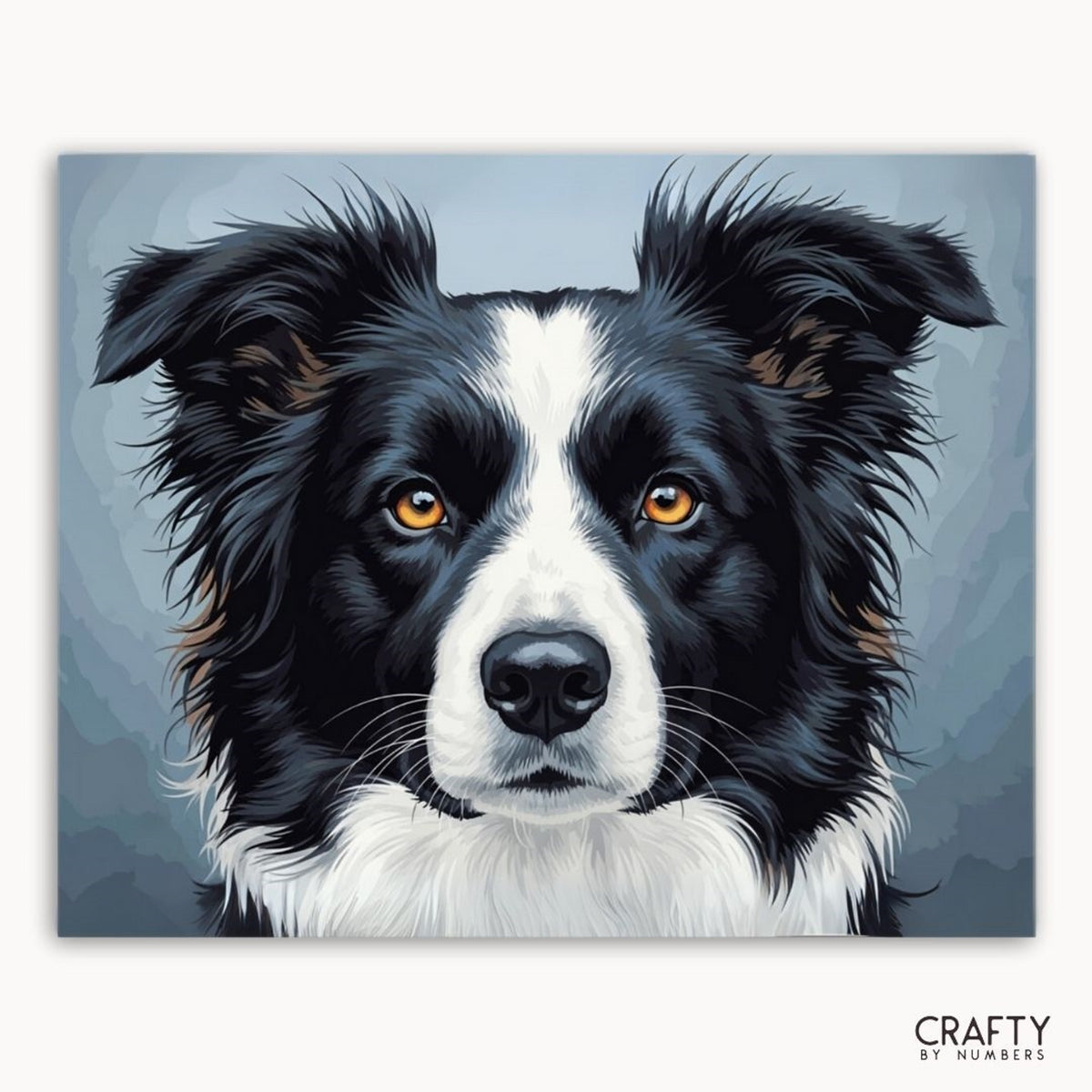 Illustration of a black and white dog with 'Crafty by Numbers' branding.