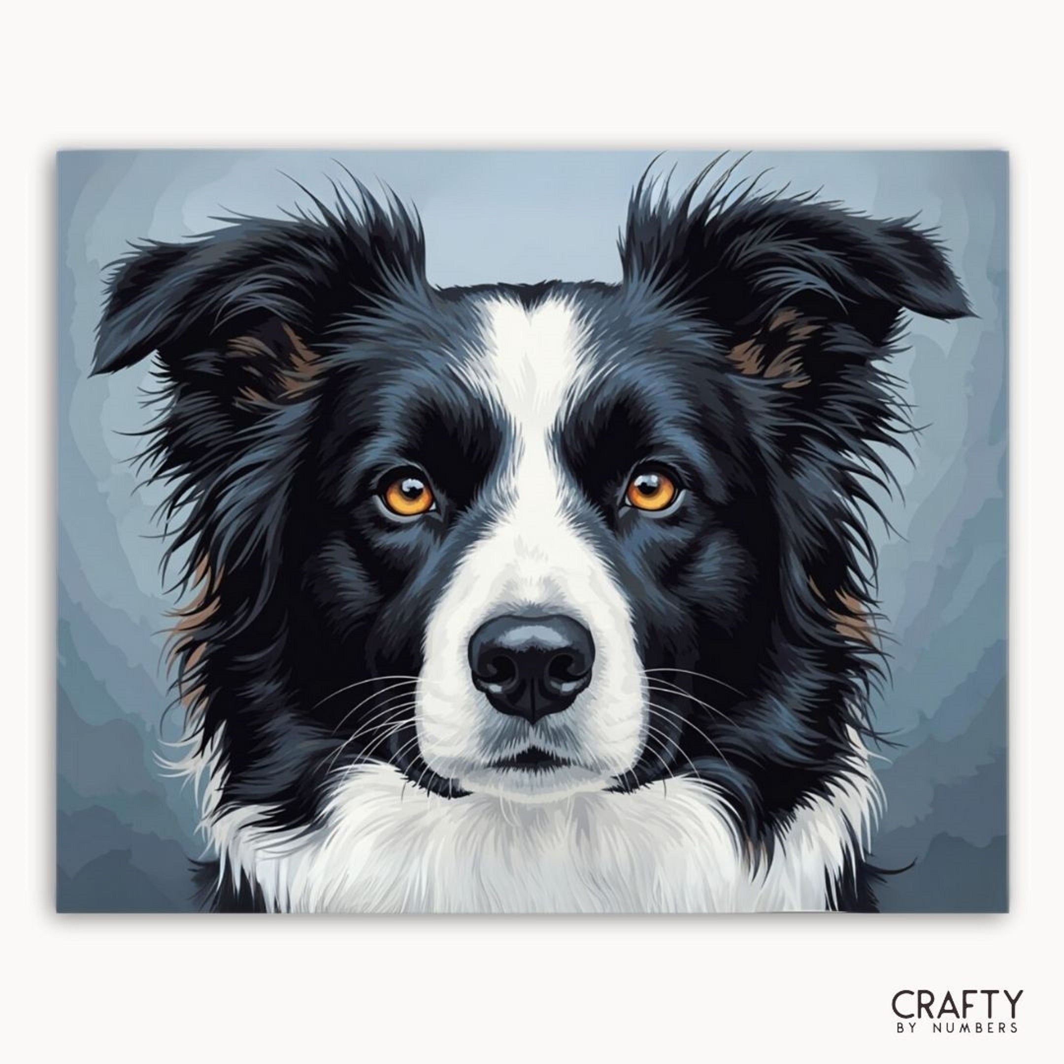 Illustration of a black and white dog with 'Crafty by Numbers' branding.