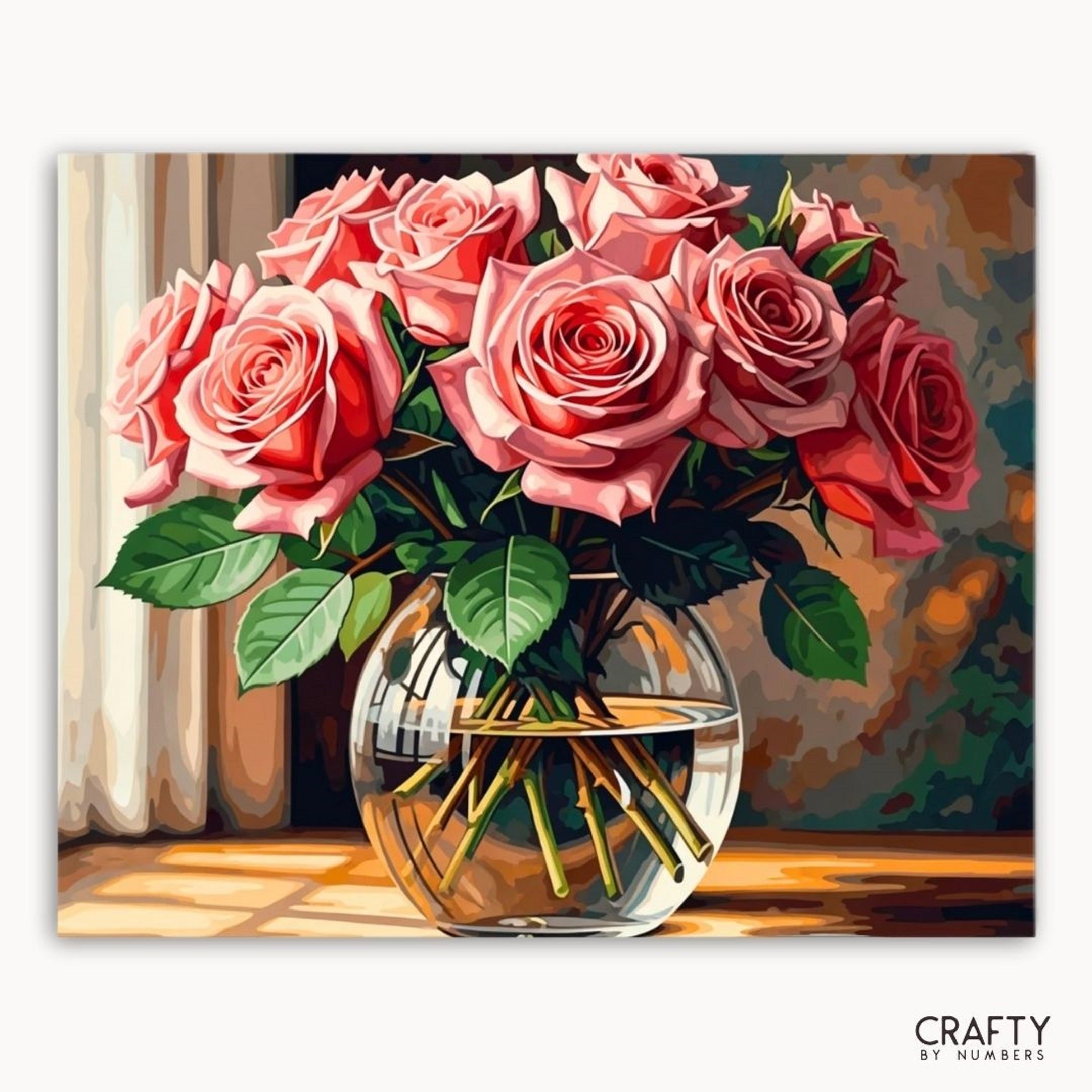 Bouquet of pink roses in a clear vase with a blurred background