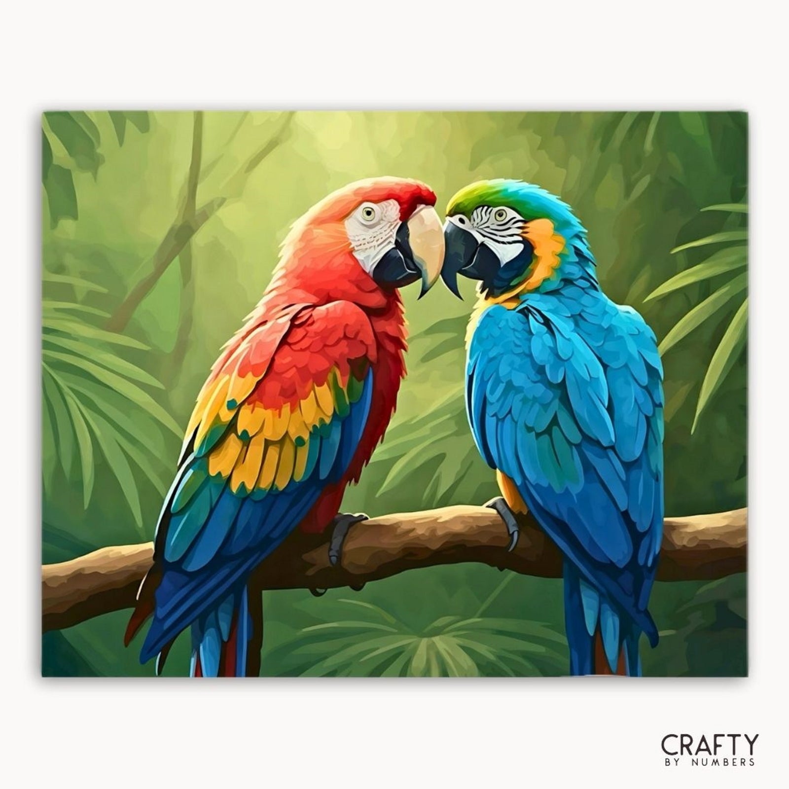 Deux perroquets colorés sur une branche sur fond de jungle, avec la marque « Crafty by Numbers ».