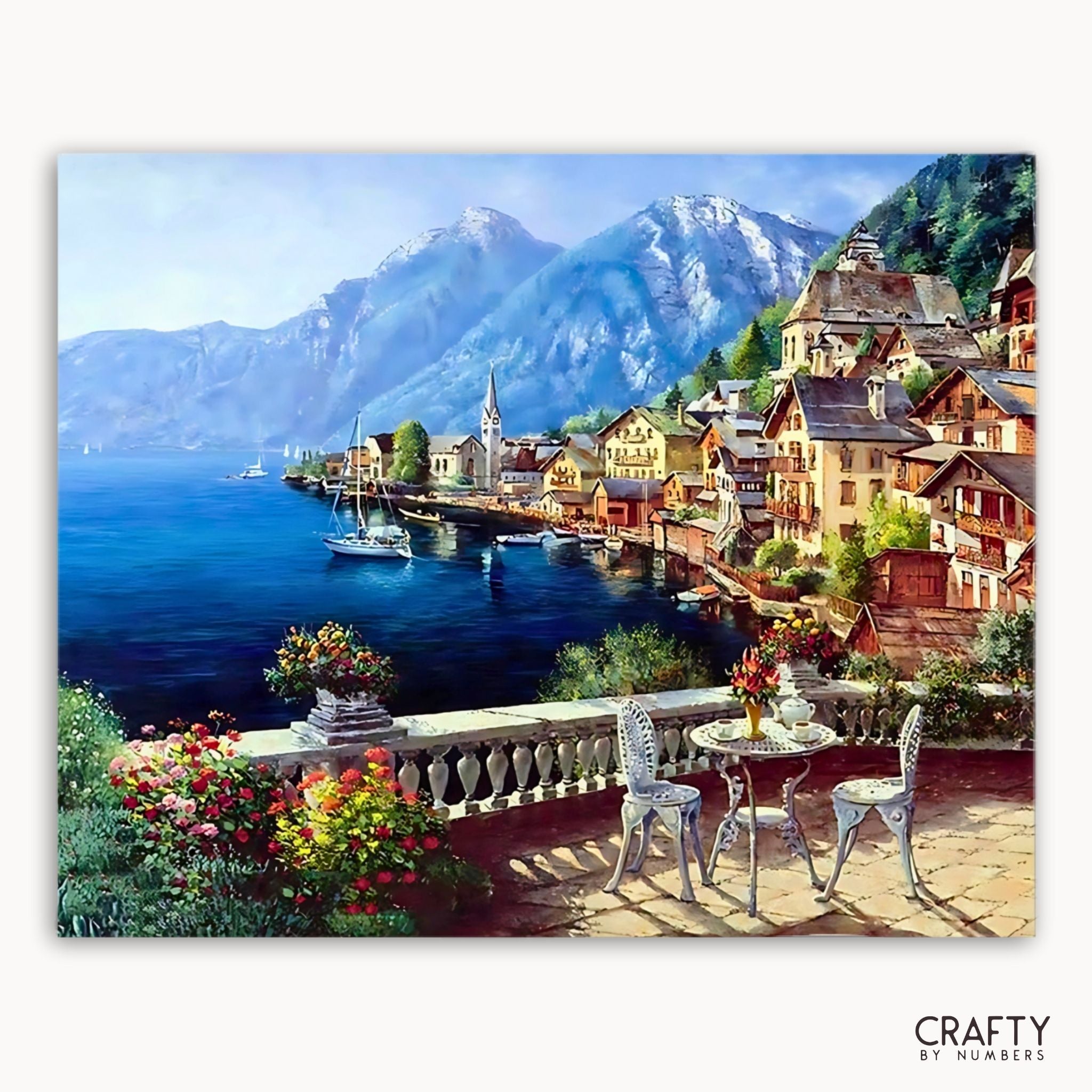 Painting of a scenic lakeside village with mountains and a dock.