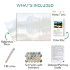 Artistic painting kit contents including reference sheet, brushes, paint set, color key, and detailed guide.