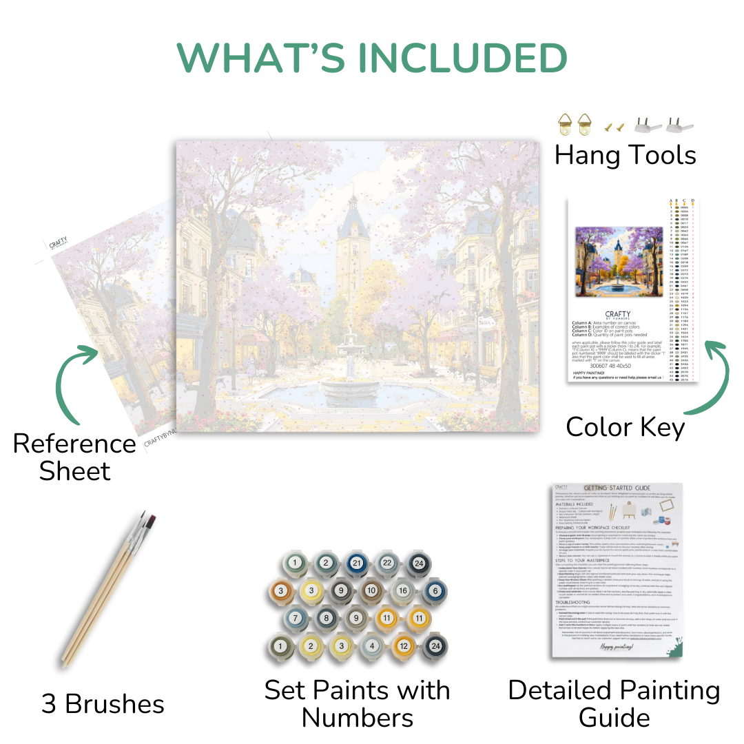 Artistic painting kit components including reference sheet, brushes, paint set, color key, and detailed guide on a white background.