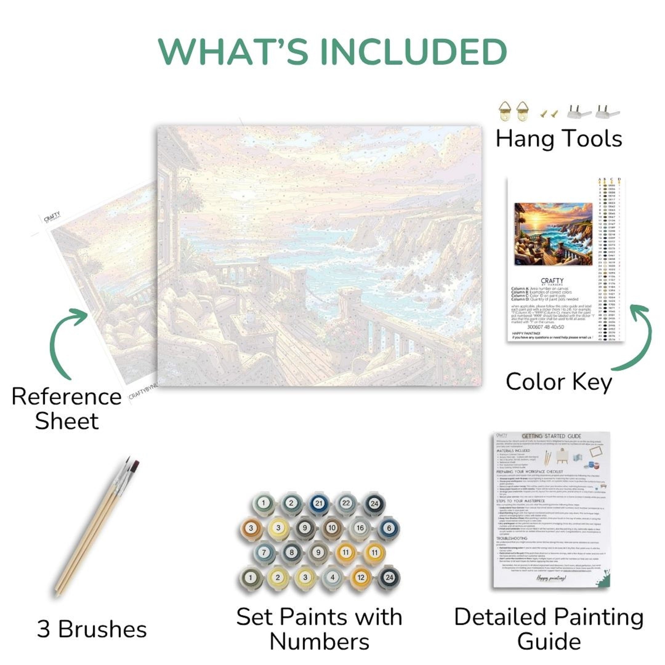 Artistic painting kit components including a canvas, reference sheet, brushes, paint set, color key, and detailed painting guide.
