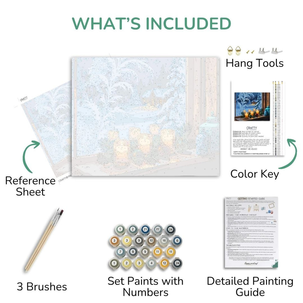 Through the Winter Glass kit contents: canvas, numbered paints, three brushes, reference sheet and guide.