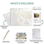 Artistic painting kit contents including reference sheet, brushes, paint set, color key, and detailed guide.