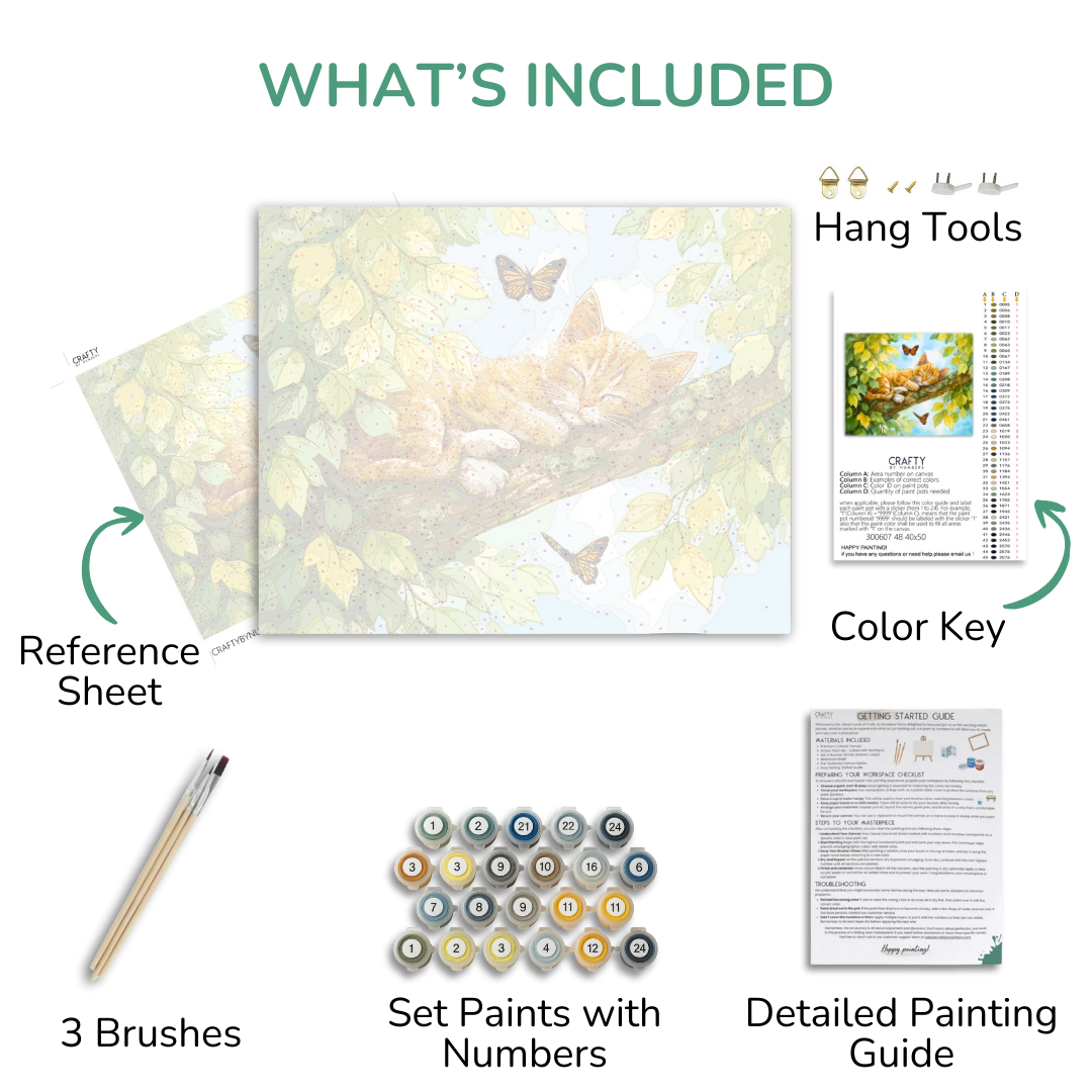 Artistic painting kit with reference sheet, brushes, paint set, and detailed guide on a white background.