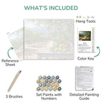 Artistic painting kit contents including a reference sheet, brushes, paint set, color key, and detailed painting guide.