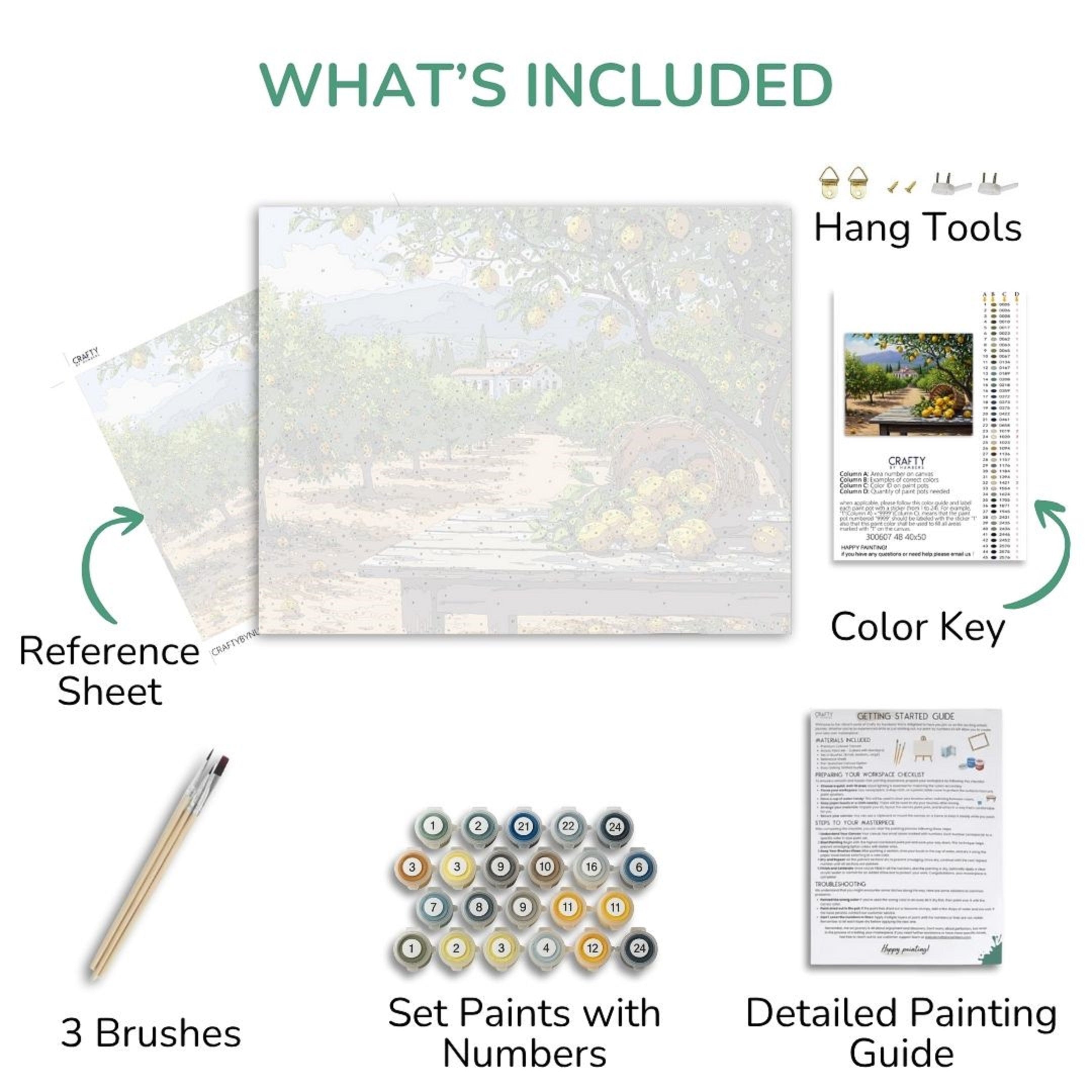 Artistic painting kit contents including a reference sheet, brushes, paint set, color key, and detailed painting guide.